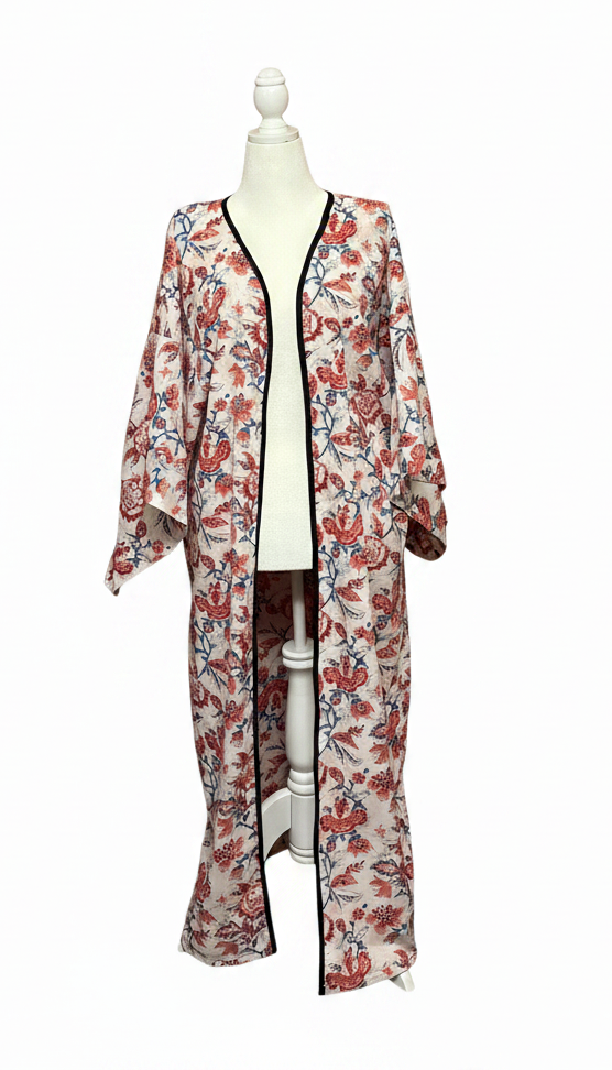 Floral kimono-style garment on a mannequin against a white background