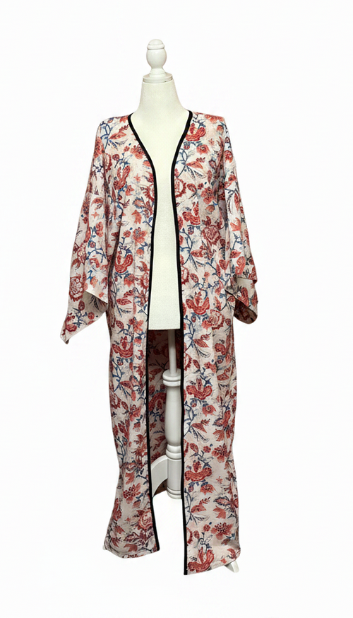 Floral kimono-style garment on a mannequin against a white background