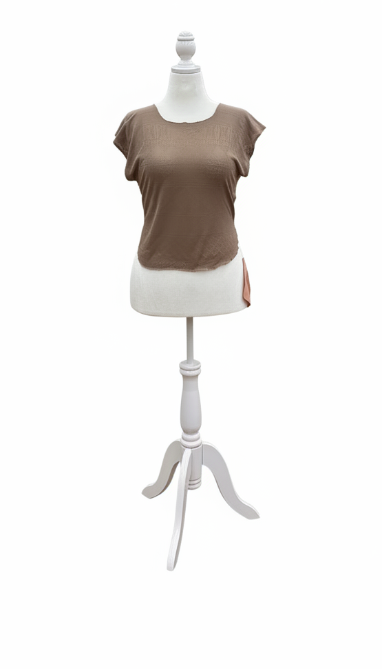 Brown sleeveless top on a white mannequin against a white background