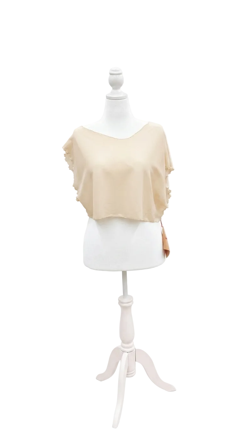 Beige sleeveless top on a mannequin against a white background