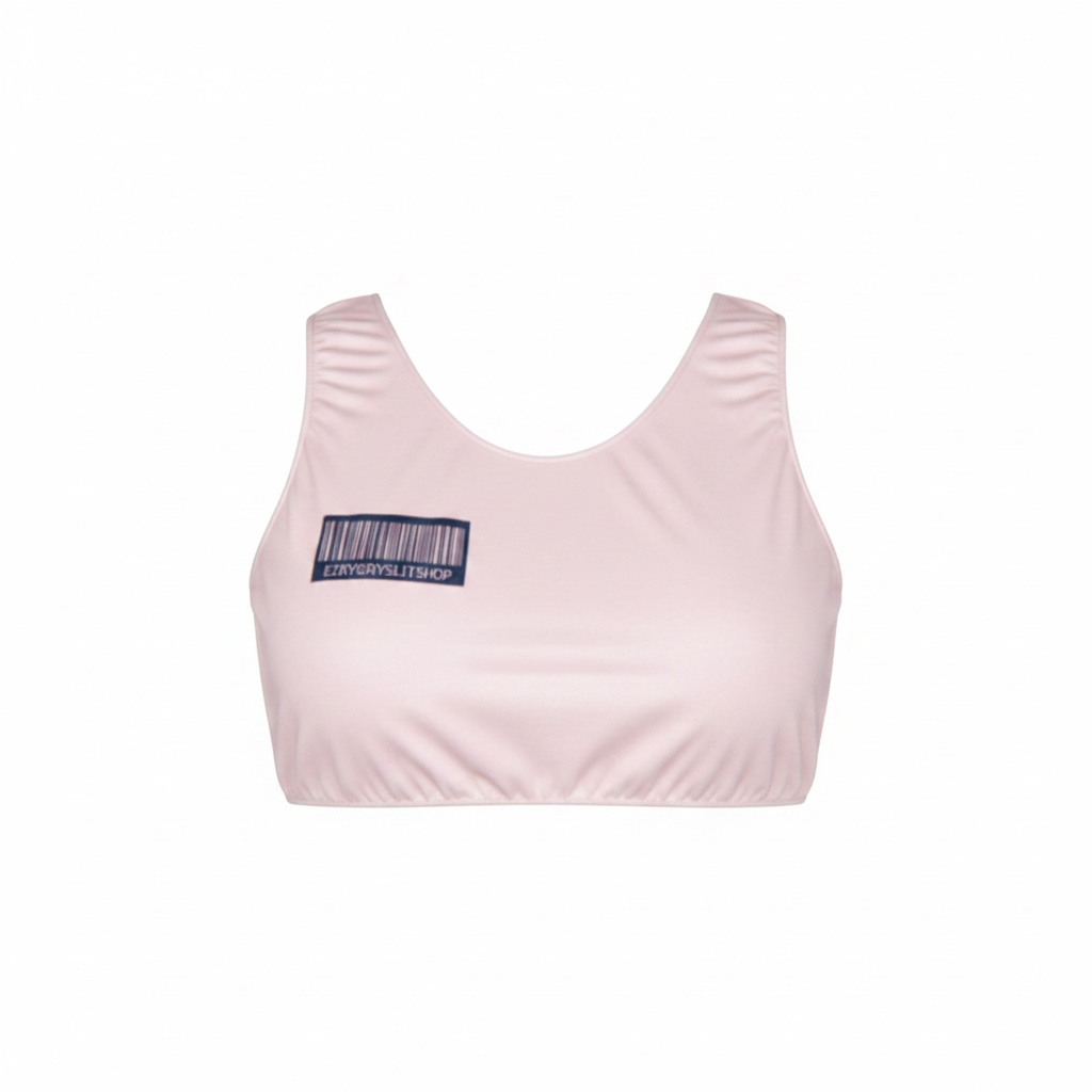 Pink sports bra with a barcode label on a white background