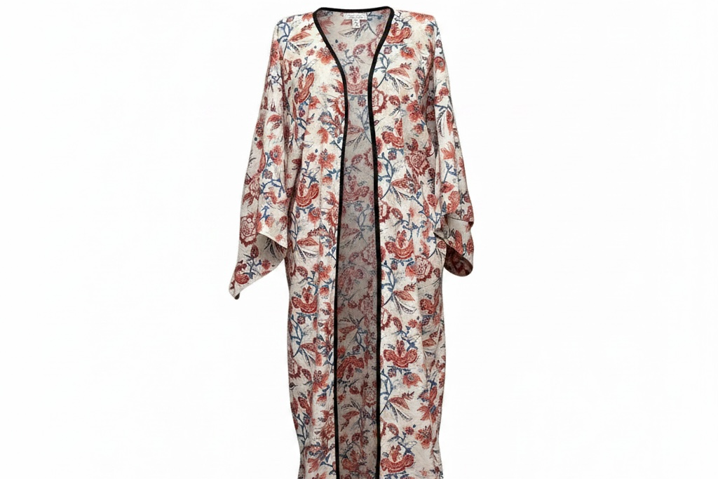 Floral patterned kimono-style garment on a white background