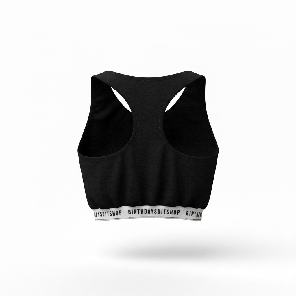 Black sports bra with 'Birthdaysuitshop' logo on a white background
