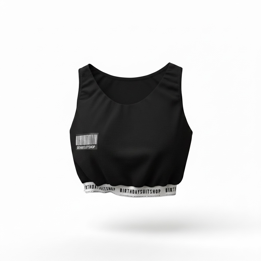 Black bralette with brand label on a white background